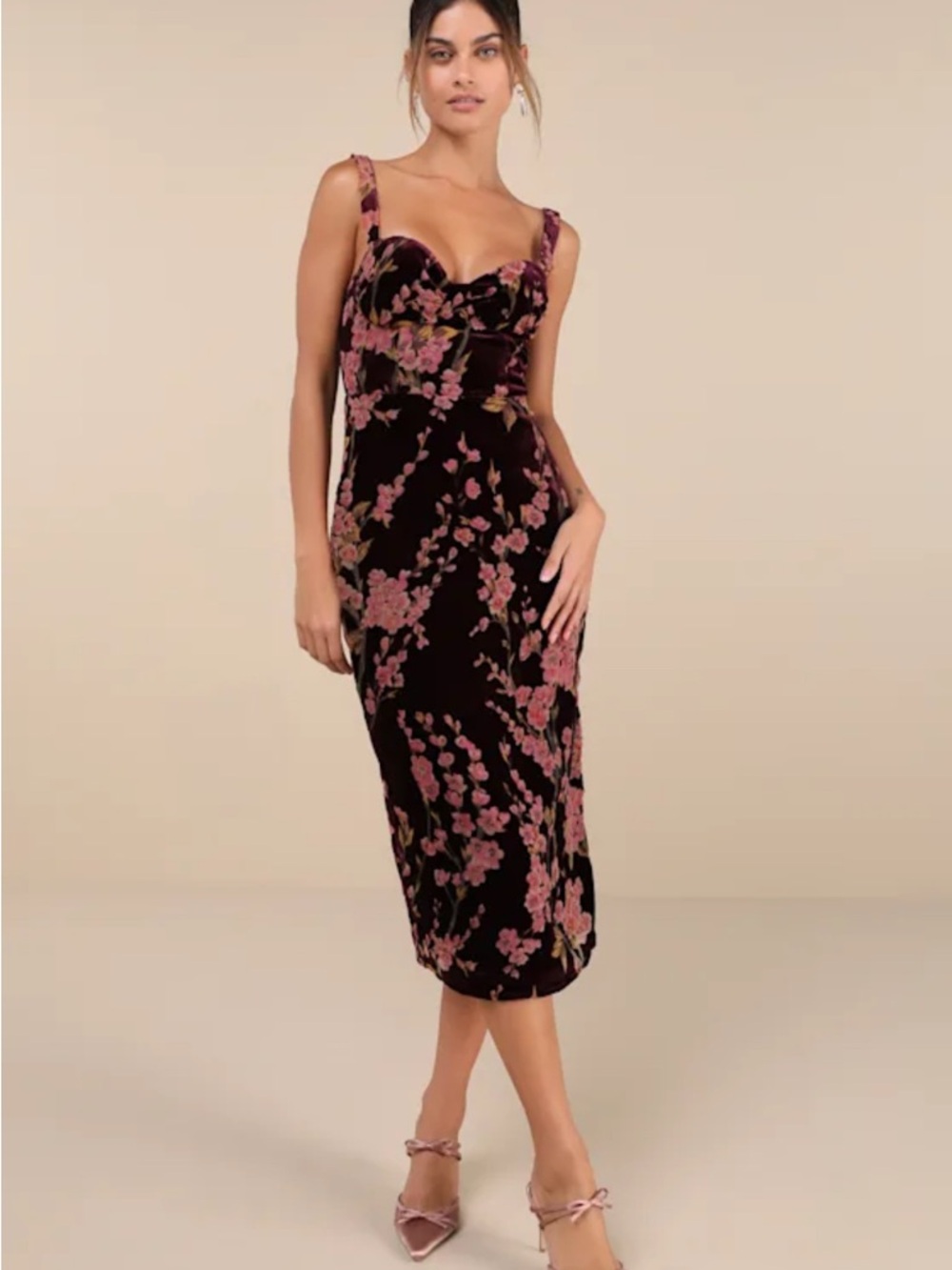 NWT Floral Burnout Velvet Midi Lace-Up Dress in Dark Plum and Pink - Picture 2 of 6